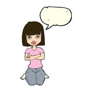 cartoon woman kneeling with speech bubble N6