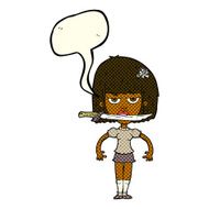 cartoon woman with knife between teeth speech bubble N21