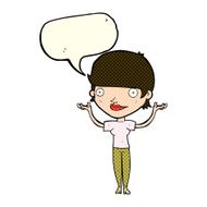 cartoon woman holding arms in air with speech bubble N6