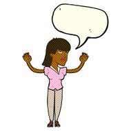 cartoon woman throwing hands in air with speech bubble N6