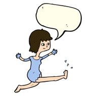 cartoon happy woman kicking with speech bubble N5