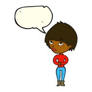 cartoon woman considering with speech bubble N6