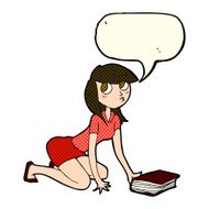 cartoon girl picking up book with speech bubble N5