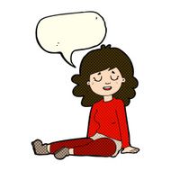 cartoon happy woman sitting on floor with speech bubble N11