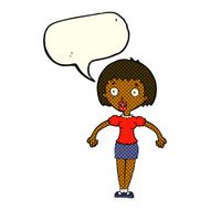 cartoon confused woman shrugging shoulders with speech bubble N6