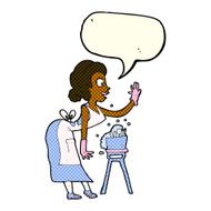 cartoon housewife washing up with speech bubble N6