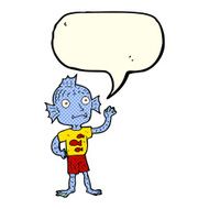 cartoon waving fish boy with speech bubble N6