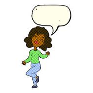 cartoon happy woman dancing with speech bubble N6