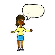 cartoon happy woman shrugging shoulders with speech bubble N11