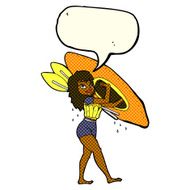 cartoon woman carrying canoe with speech bubble N5
