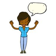 cartoon pretty woman with hands in air speech bubble N6