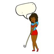 cartoon woman playing golf with speech bubble N11