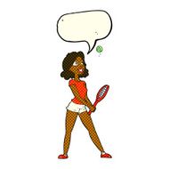 cartoon woman playing tennis with speech bubble N5