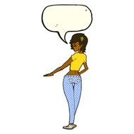 cartoon pretty girl in jeans and tee with speech bubble N6