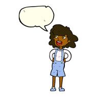 cartoon woman in dungarees with speech bubble N6