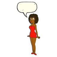 cartoon surprised woman in short dress with speech bubble N6