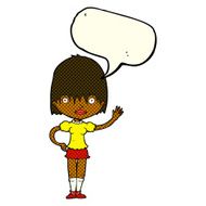 cartoon waving woman with speech bubble N86