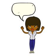 cartoon woman with raised hands speech bubble N6