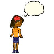 cartoon clever woman shrugging shoulders with speech bubble N6