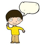 cartoon boy giving peace sign with speech bubble N5