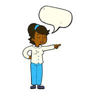 cartoon friendly woman pointing with speech bubble N6