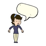 cartoon friendly woman shrugging shoulders with speech bubble N6
