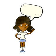 cartoon woman waving with speech bubble N192
