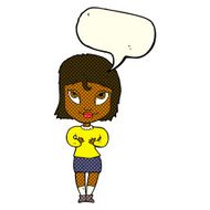 cartoon woman gesturing at self with speech bubble N18