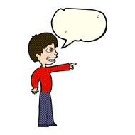 cartoon grinning boy pointing with speech bubble N6