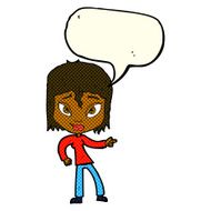 cartoon relaxed woman pointing with speech bubble N6