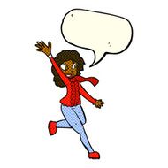 cartoon woman waving dressed for winter with speech bubble N5