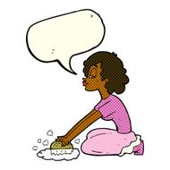cartoon woman scrubbing floor with speech bubble N5