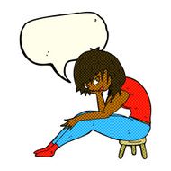 cartoon woman sitting on small stool with speech bubble N6