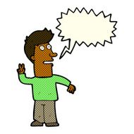 cartoon man making peace sign with speech bubble N6