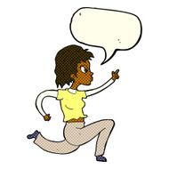 cartoon woman running and pointing with speech bubble N6