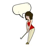 cartoon woman playing golf with speech bubble N12