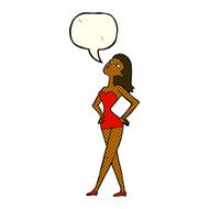 cartoon woman in party dress with speech bubble N6