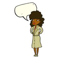 cartoon woman in trench coat with speech bubble N17