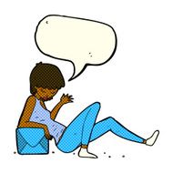 cartoon woman leaning on package box with speech bubble N6