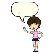 cartoon girl waving with speech bubble N17