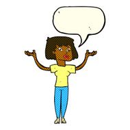 cartoon woman holding up hands with speech bubble N12