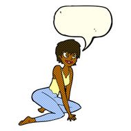 cartoon happy woman sitting on floor with speech bubble N12