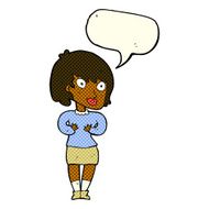 cartoon woman making Who Me? gesture with speech bubble N26