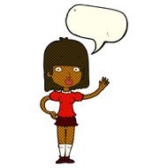 cartoon woman waving with speech bubble N204
