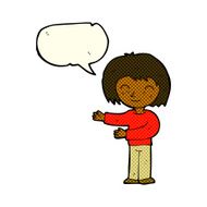 cartoon woman gesturing welcome with speech bubble N6