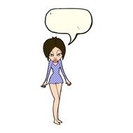 cartoon woman in short dress with speech bubble N6