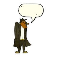 cartoon man in hat and trench coat with speech bubble N6
