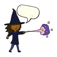 cartoon witch girl casting spell with speech bubble N11