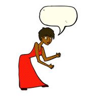 cartoon woman in dress gesturing with speech bubble N6