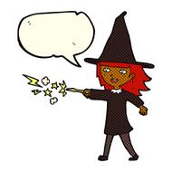 cartoon witch girl casting spell with speech bubble N12